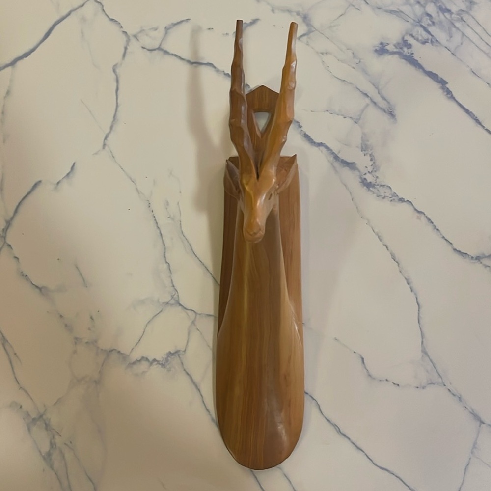 Vintage Mid Century Modern African Hand Carved Wood Gazelle Antelope Wall Art